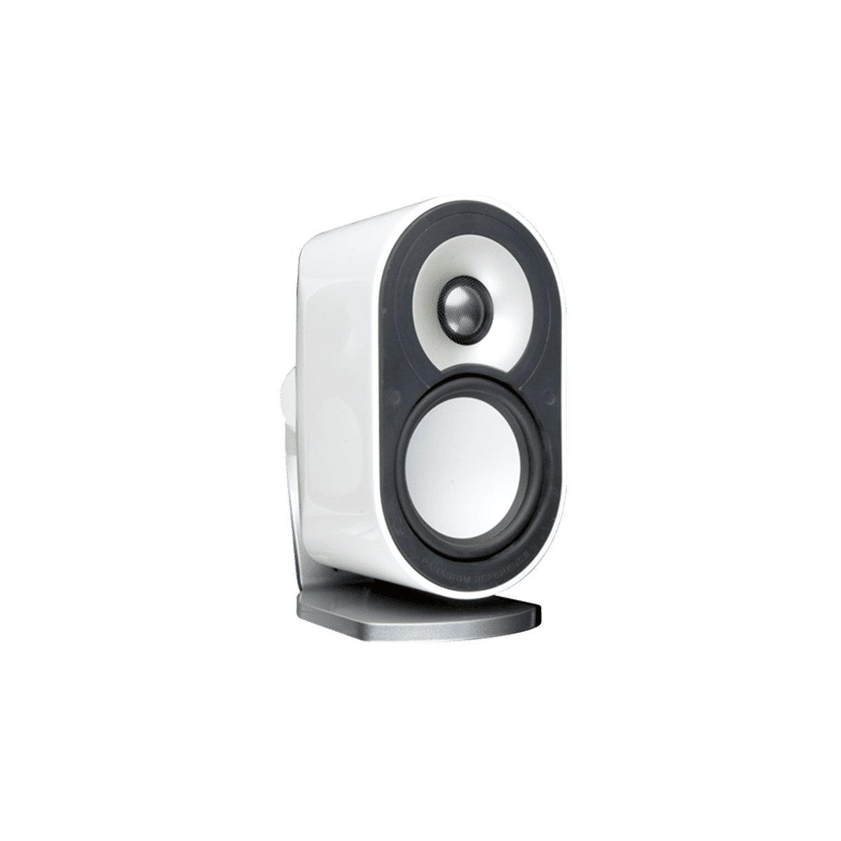 A sleek black speaker with a rounded design, featuring two circular drivers and a sturdy base.