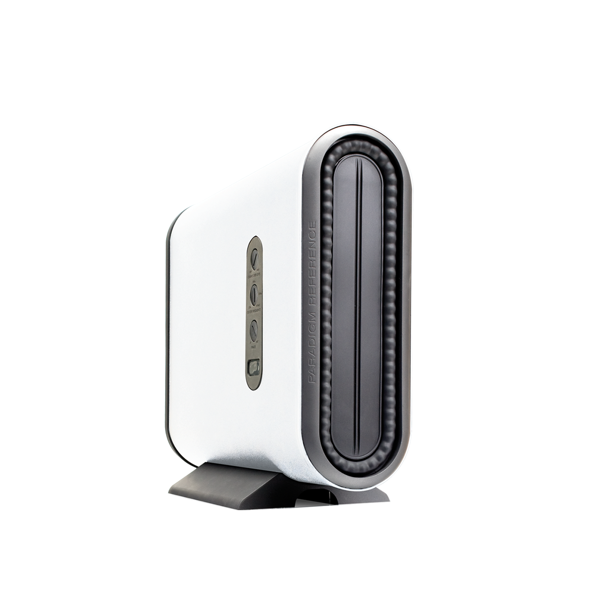 A sleek, modern audio device with a rounded design and control buttons on the side, set on a small stand.